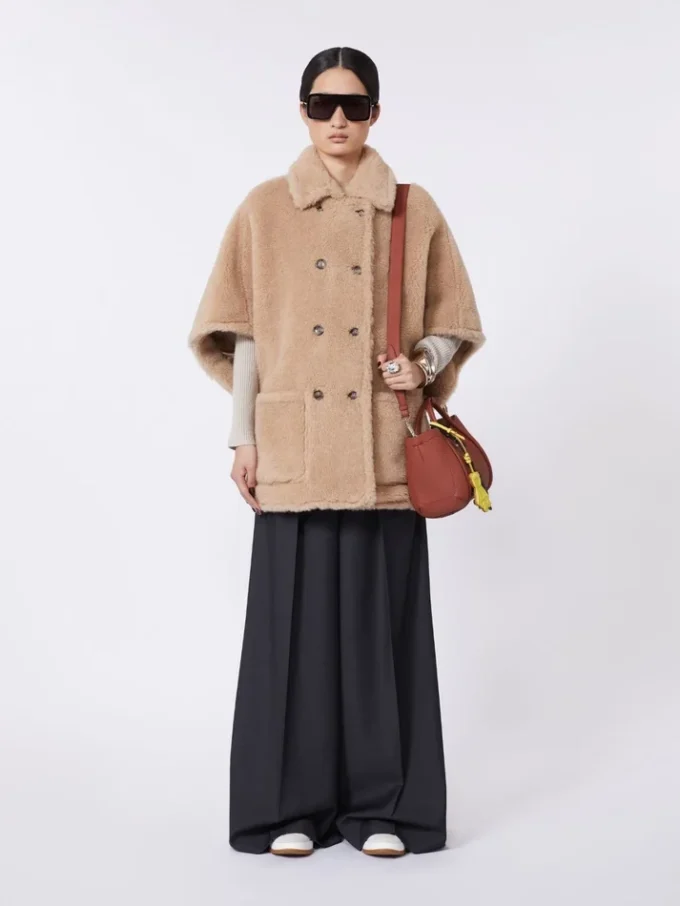 Alpaca and cashmere teddy fabric cape, beige