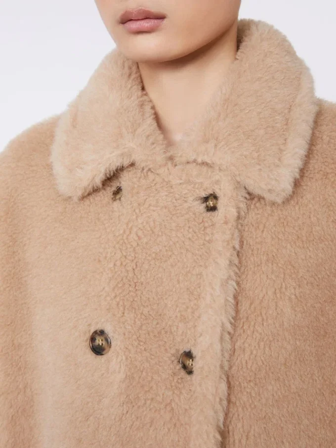 Alpaca and cashmere teddy fabric cape, beige