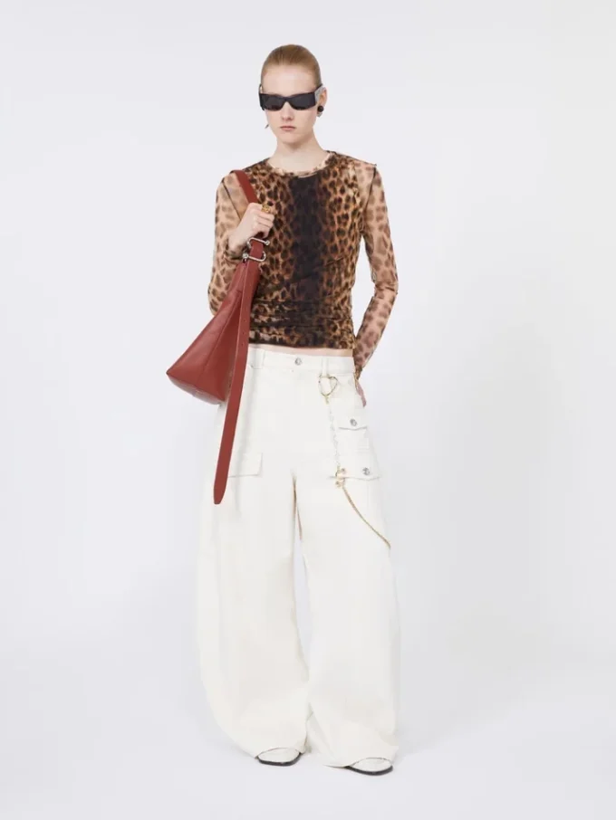 Animal-print bi-material top, beige shaded