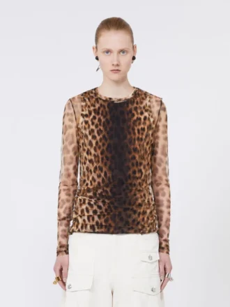 Animal-print bi-material top, beige shaded