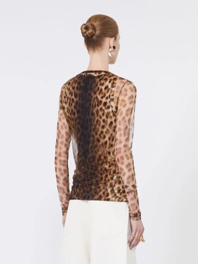Animal-print bi-material top, beige shaded