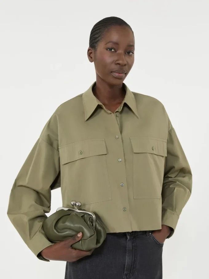 Asymmetrical washed cotton shirt, kaki