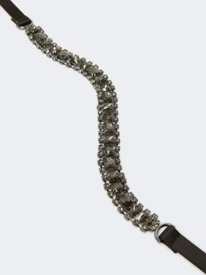 Bejewelled satin belt, black