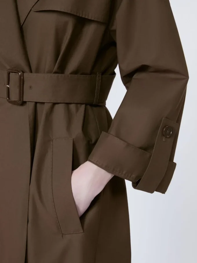 Belted water-repellent twill trench coat, chocolate