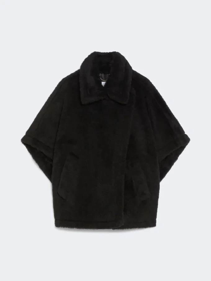 Cape in alpaca and wool teddy fabric, black