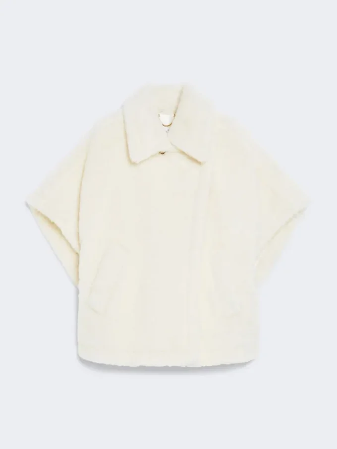 Cape in alpaca and wool teddy fabric, optical white