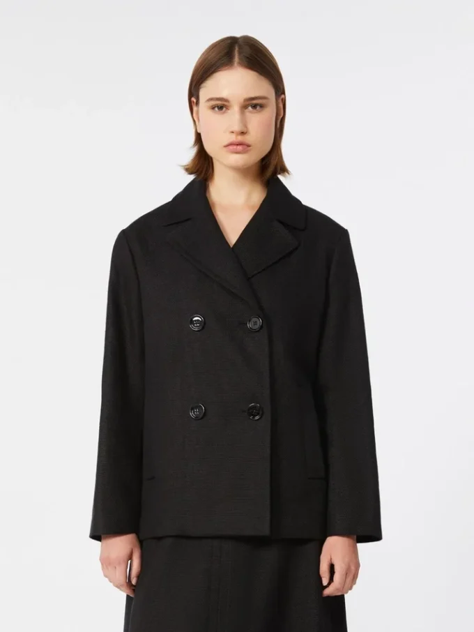 Cotton and linen basketweave pea coat, black