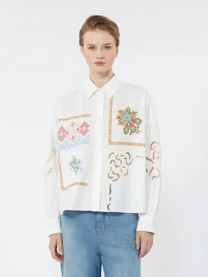 Cotton blouse with lace and embroideries, white