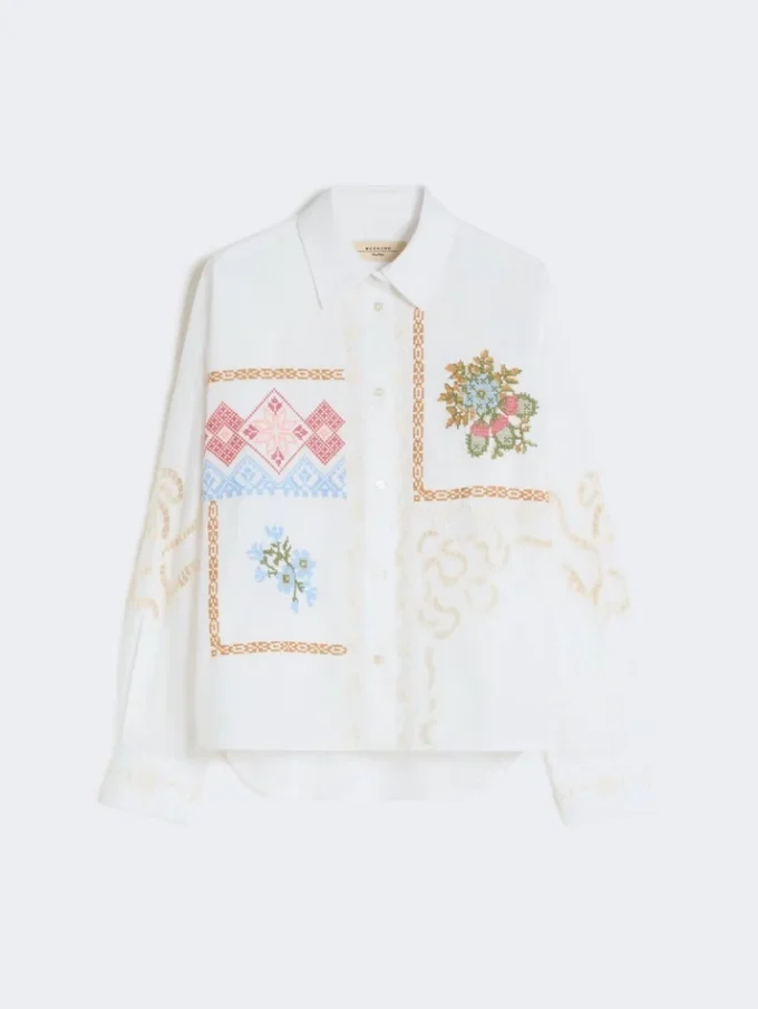 Cotton blouse with lace and embroideries, white