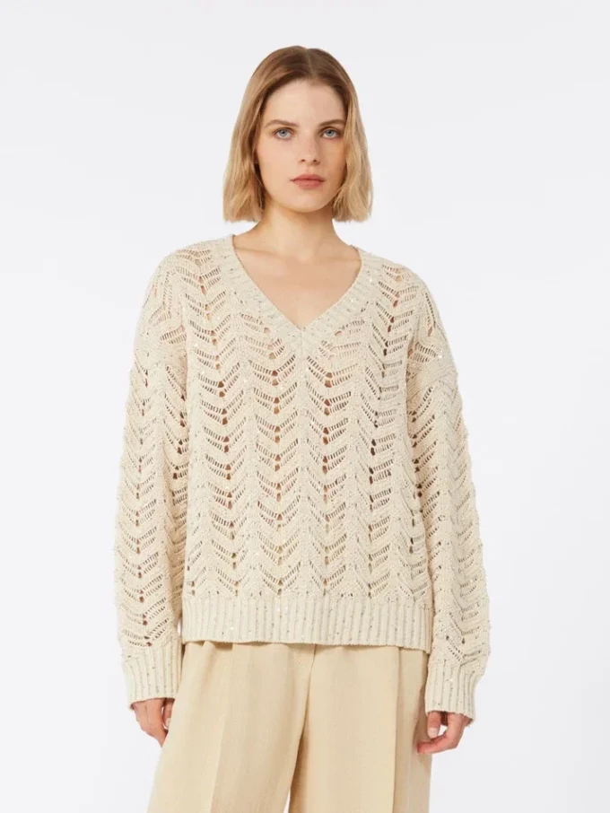 Cotton yarn and sequin sweater, beige