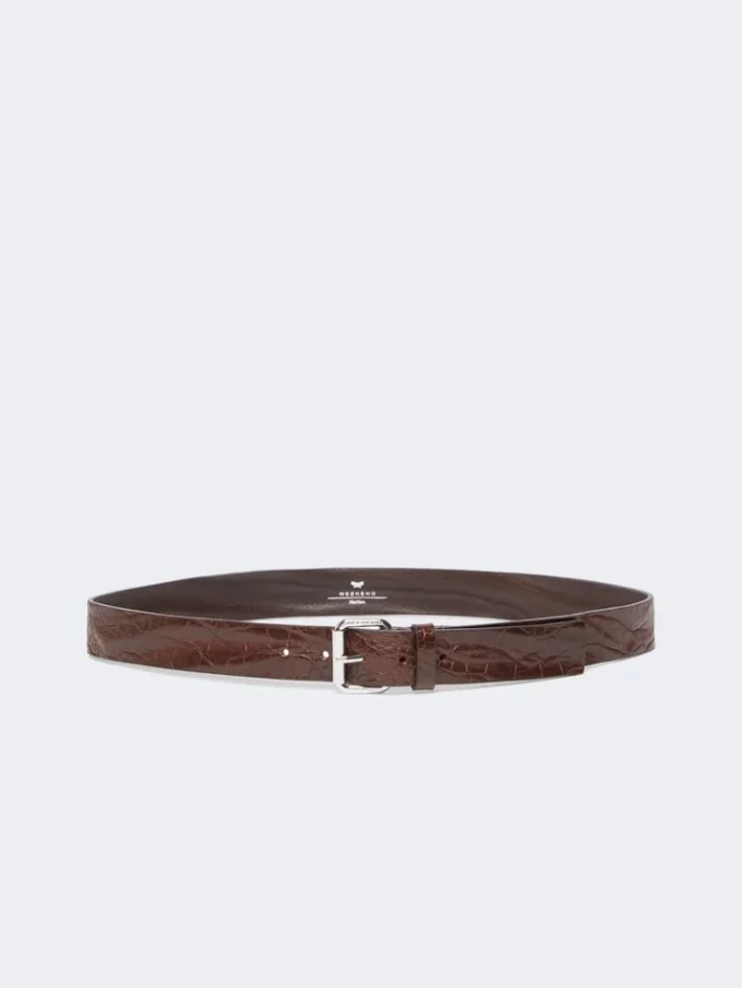 Croc print leather belt, brown