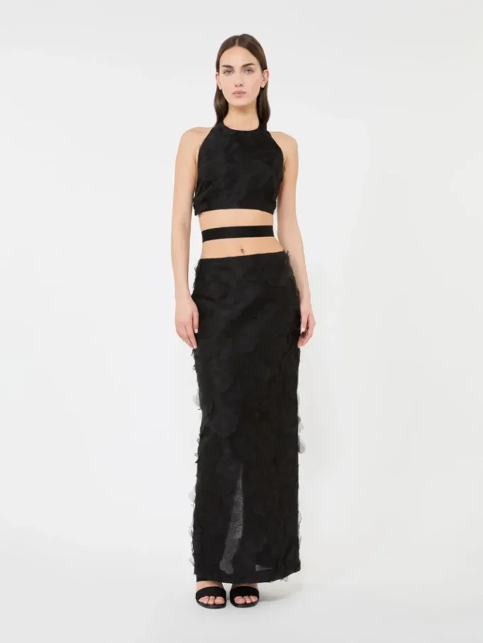 Crop top in silk fil coupa jacquard, black