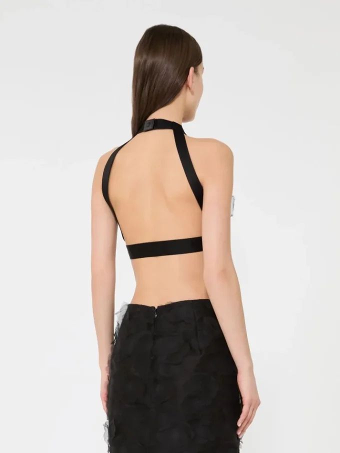Crop top in silk fil coupa jacquard, black
