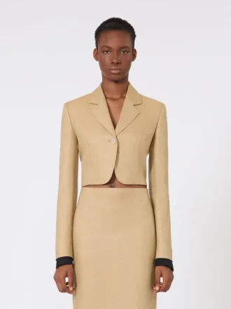 Cropped jacket in linen twill, camel