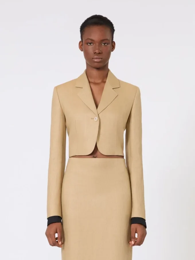 Cropped jacket in linen twill, camel