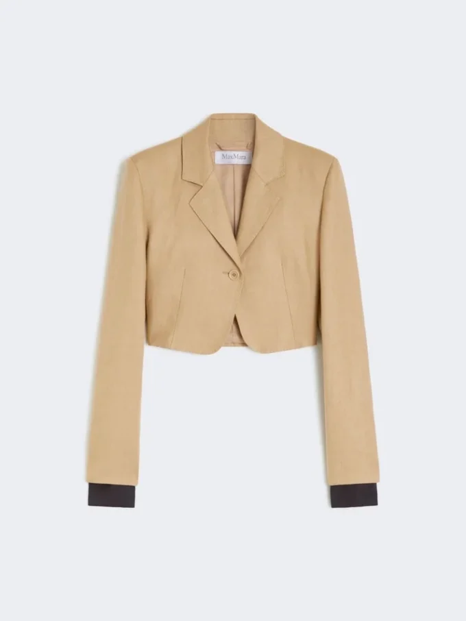 Cropped jacket in linen twill, camel
