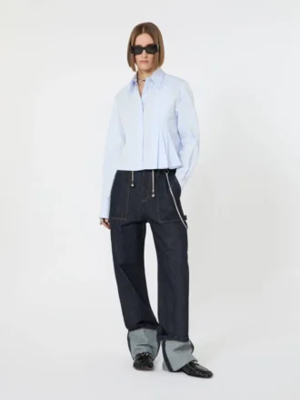 Cropped poplin shirt with asymmetrical pleats, avio