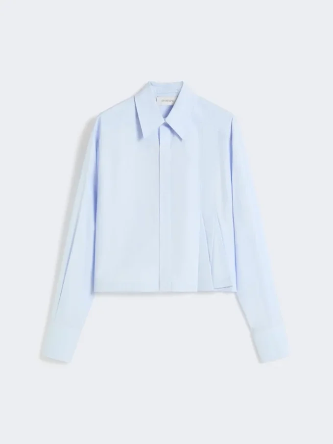 Cropped poplin shirt with asymmetrical pleats, avio