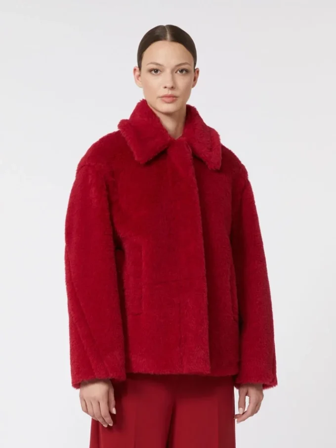 Cropped teddy coat in alpaca and wool, red