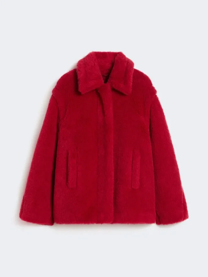Cropped teddy coat in alpaca and wool, red
