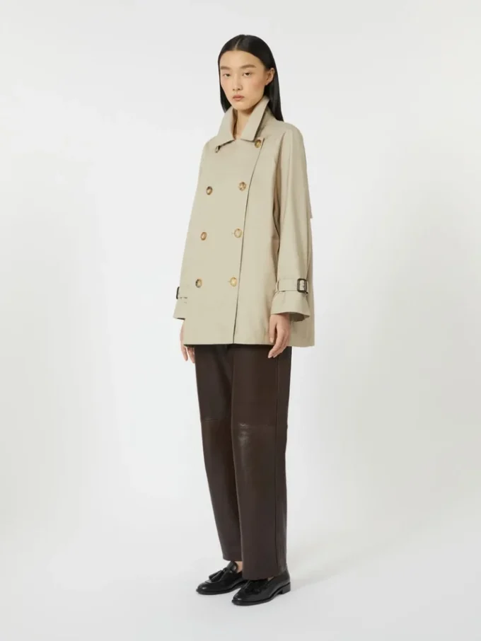 Cropped water-repellent twill trench coat, sand