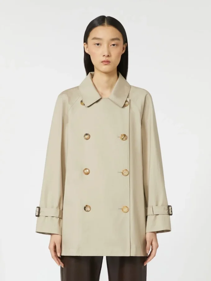 Cropped water-repellent twill trench coat, sand