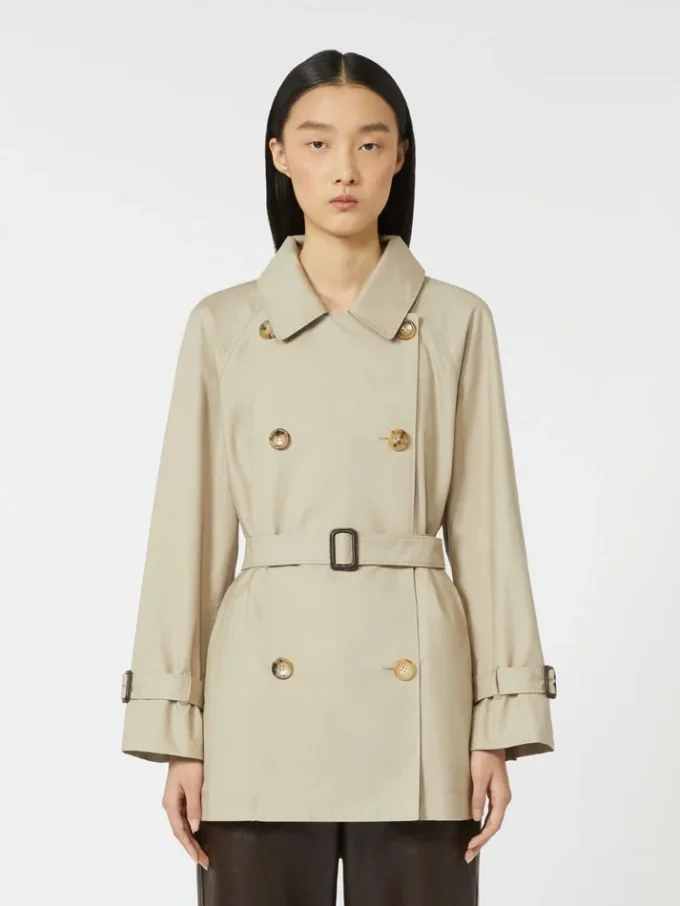 Cropped water-repellent twill trench coat, sand