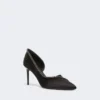 Crystal-adorned satin court shoes, black
