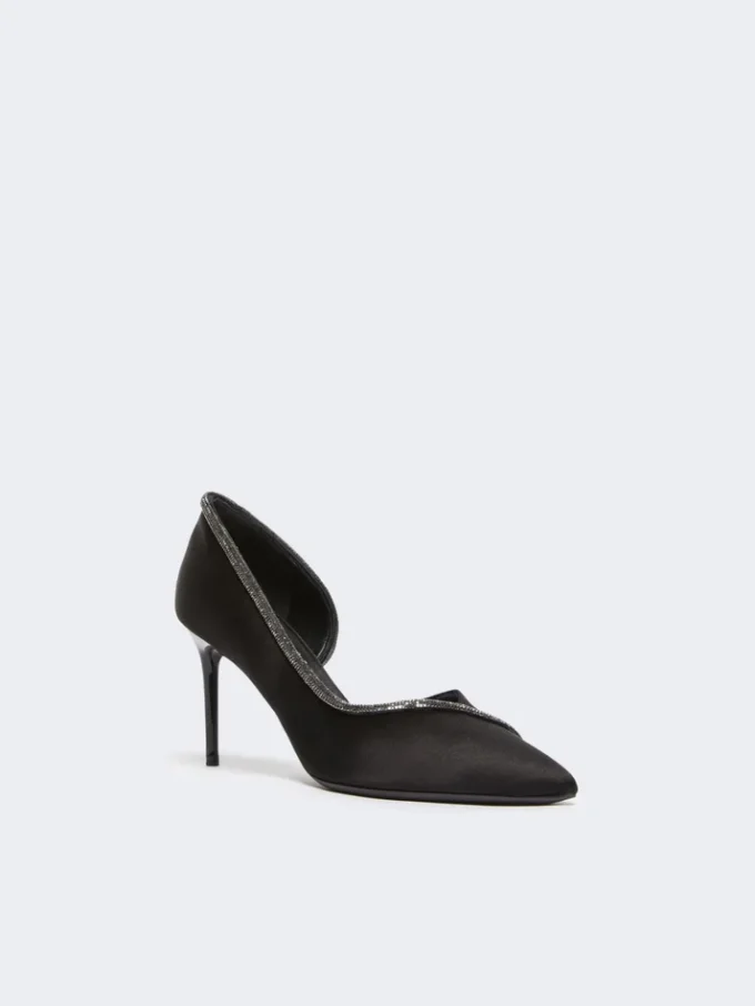 Crystal-adorned satin court shoes, black