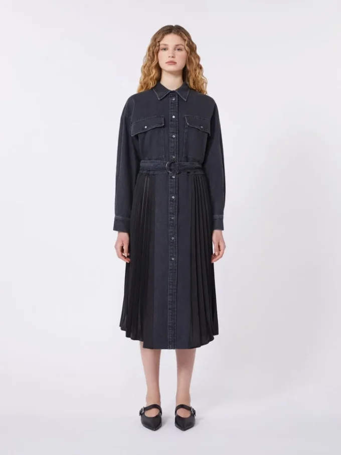 Denim and satin shirt dress, black