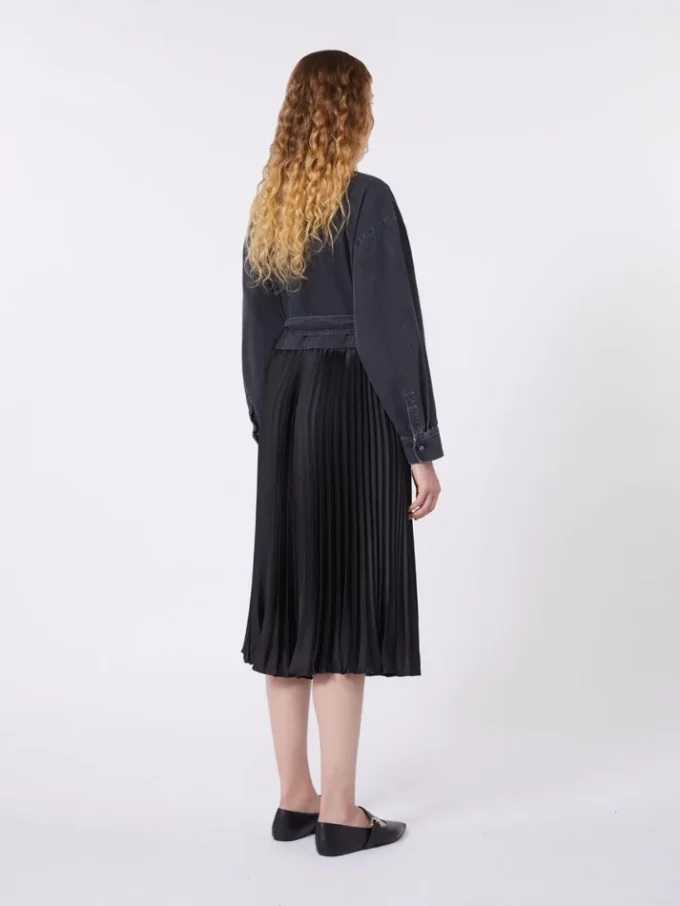 Denim and satin shirt dress, black
