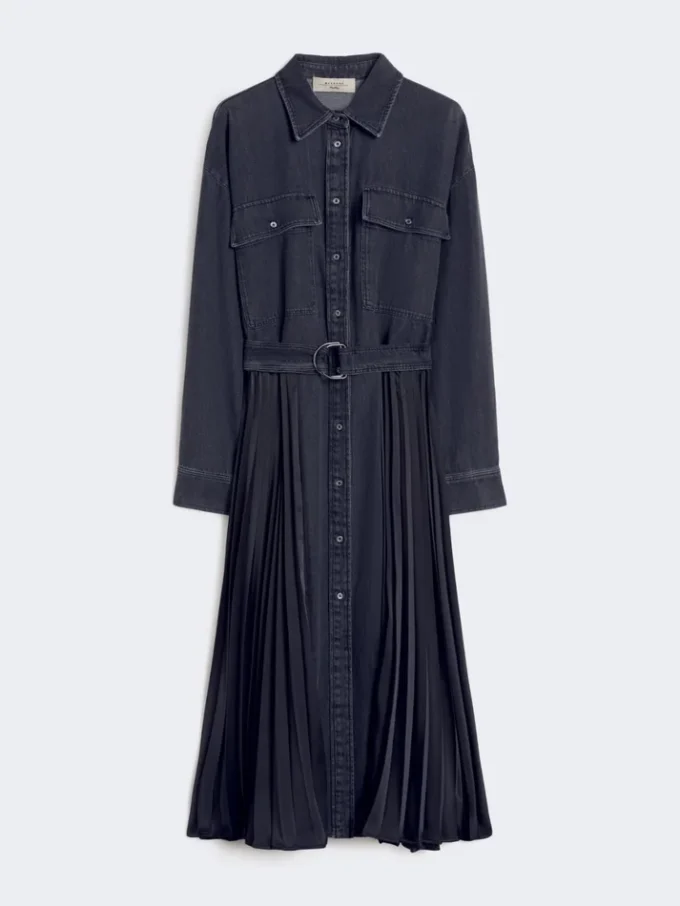Denim and satin shirt dress, black