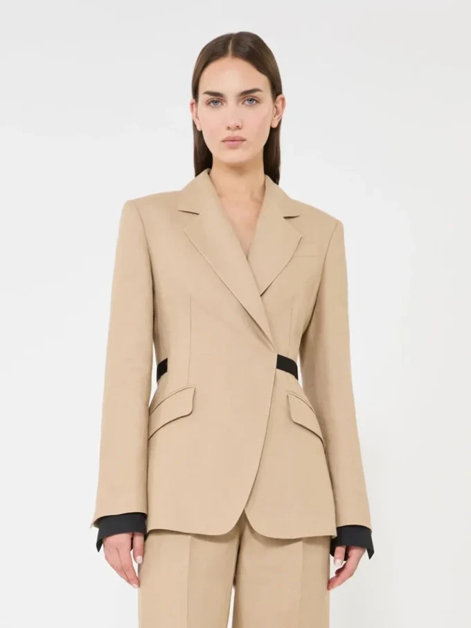 Double-breasted blazer in pure linen natta, camel