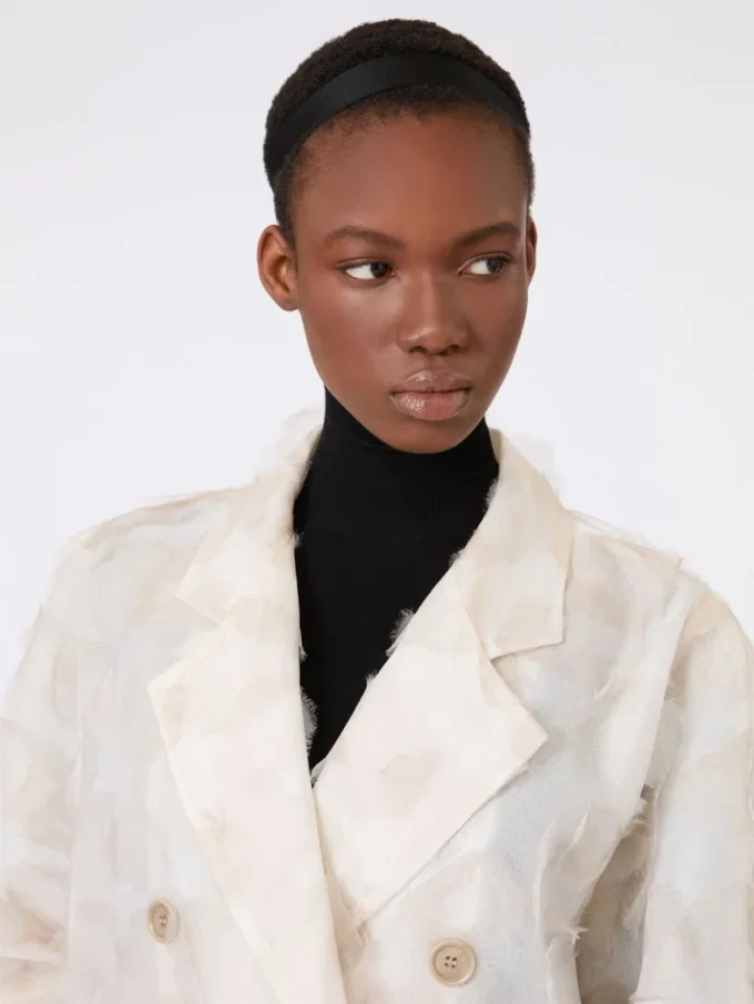 Double-breasted overcoat in fil coupa jacquard, sand