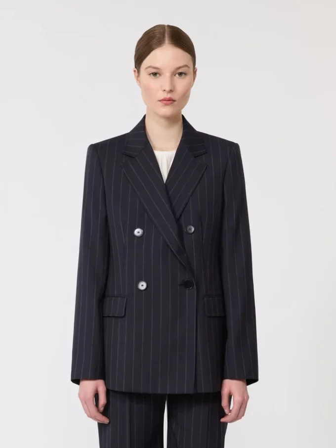 Double-breasted pinstripe wool blazer, navy