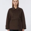 Double-breasted pure-wool cropped coat, chocolate