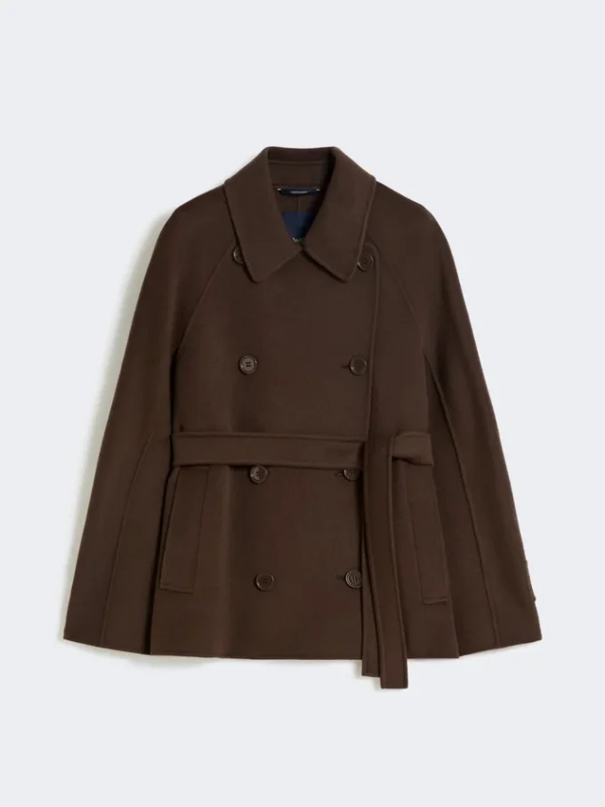 Double-breasted pure-wool cropped coat, chocolate