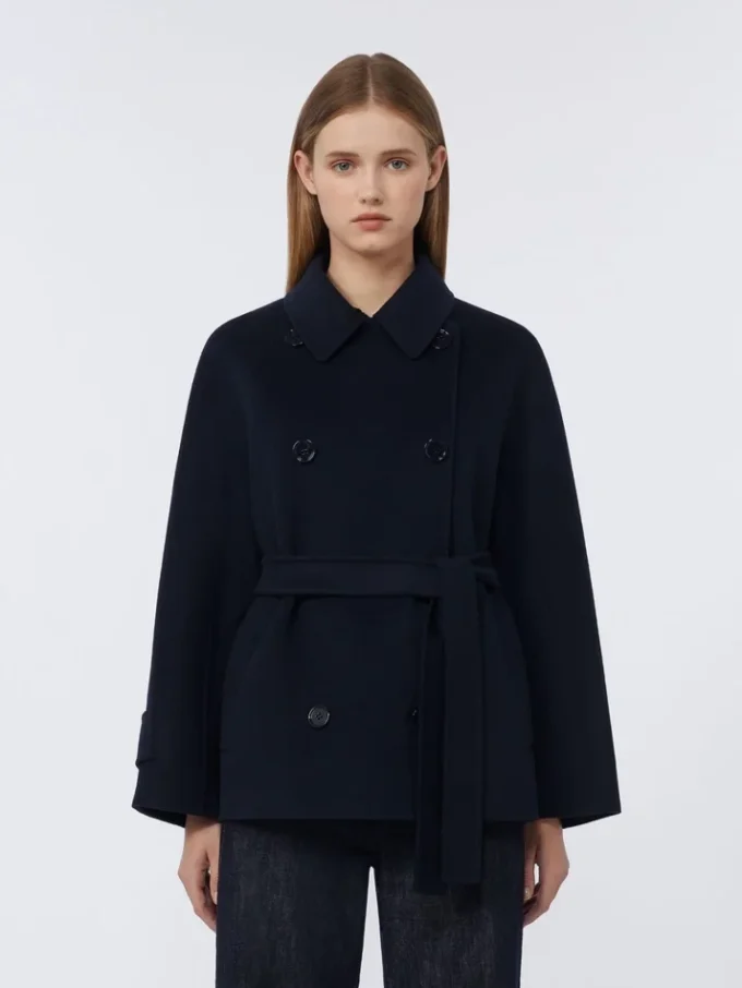 Double-breasted pure-wool cropped coat, midnightblue