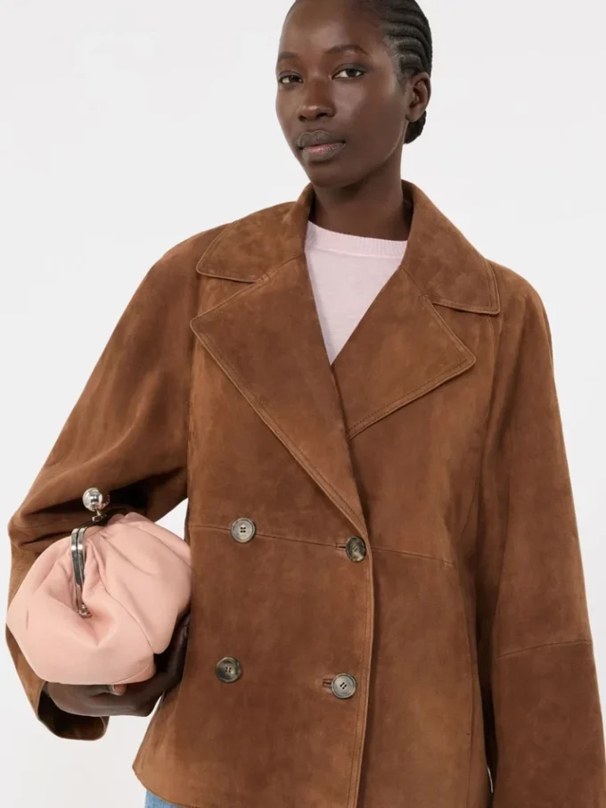 Double-breasted suede jacket, tobacco