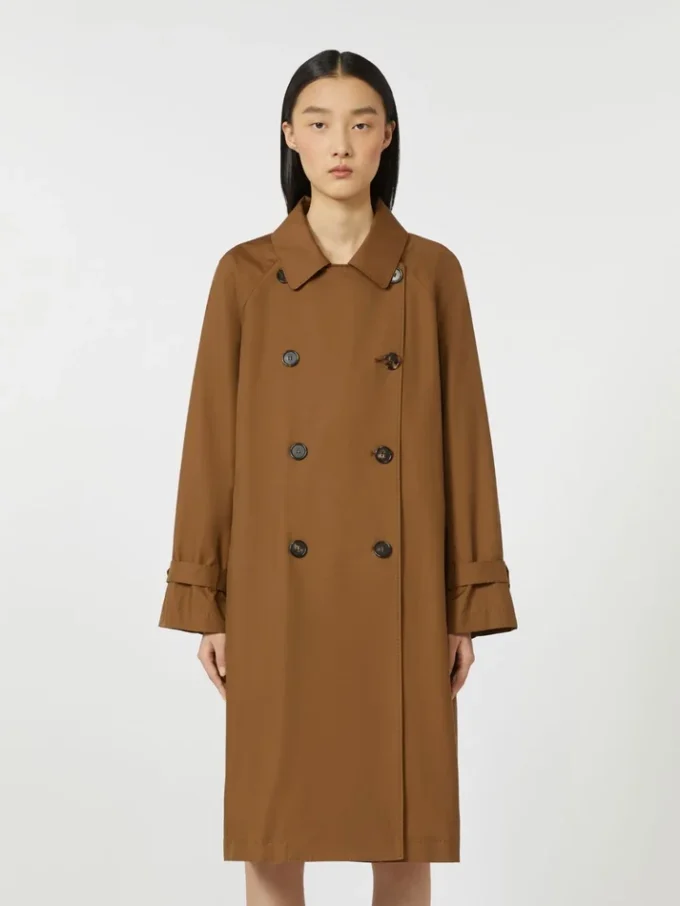 Double-breasted water-repellent twill trench coat, tobacco