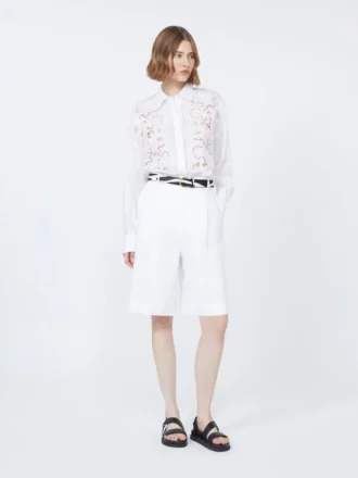 Embroidered ramie canvas boxy shirt, white