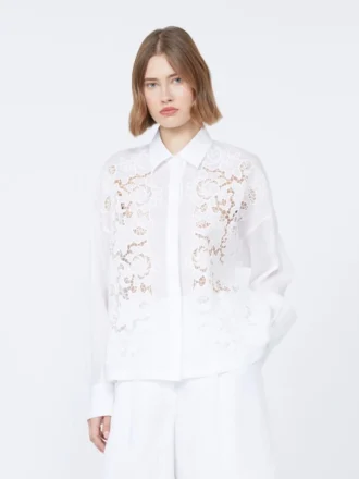 Embroidered ramie canvas boxy shirt, white