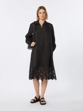 Embroidered ramie gauze shirt dress, black