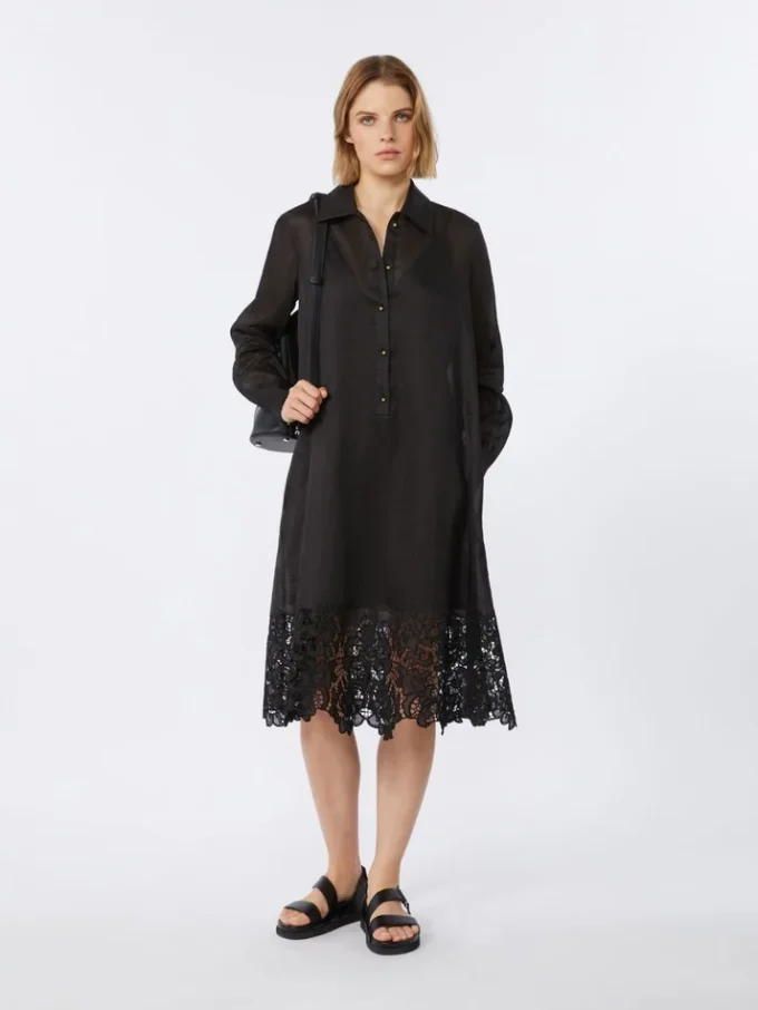 Embroidered ramie gauze shirt dress, black Embroidered ramie gauze shirt dress, black