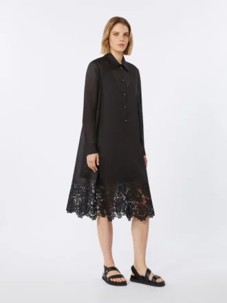 Embroidered ramie gauze shirt dress, black