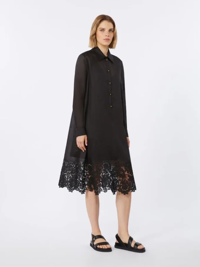 Embroidered ramie gauze shirt dress, black Embroidered ramie gauze shirt dress, black