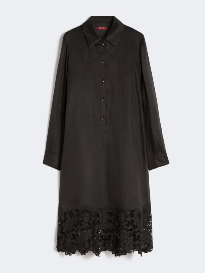 Embroidered ramie gauze shirt dress, black Embroidered ramie gauze shirt dress, black