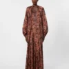 Flared printed silk dress, bordeaux