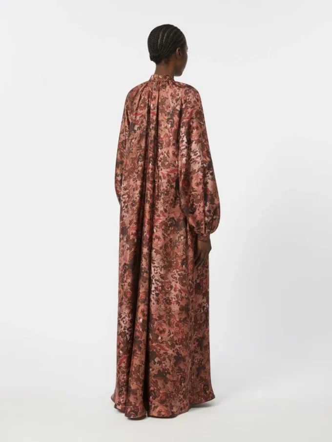 Flared printed silk dress, bordeaux