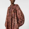 Flared printed silk dress, bordeaux